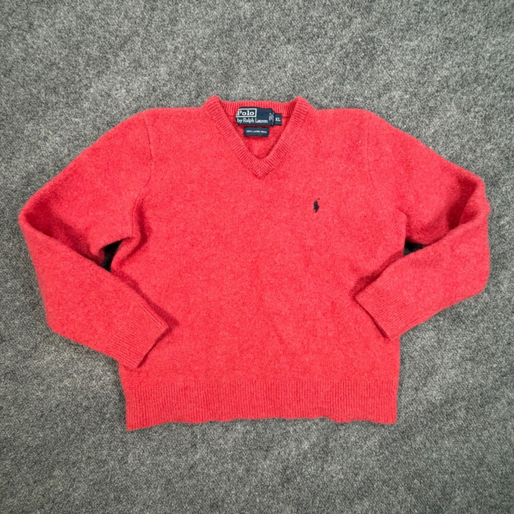 Polo Ralph Lauren Kids XL V-Neck Lambswool Sweater Pink Red Pony Logo 0907